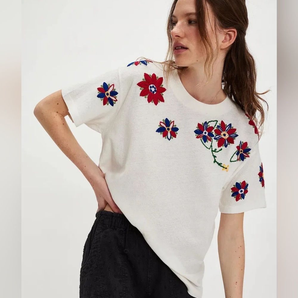 NWOT Free People Petal Stitch Tissue Tee - cream combo - Picture 2 of 7